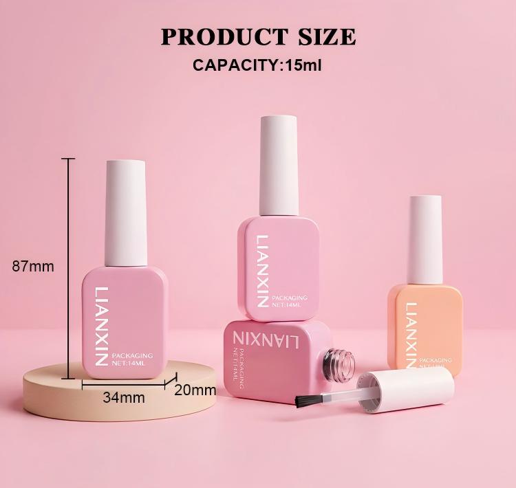 15ml rectangular nail polish bottle size chart showing 87mm height, 34mm width and 20mm depth