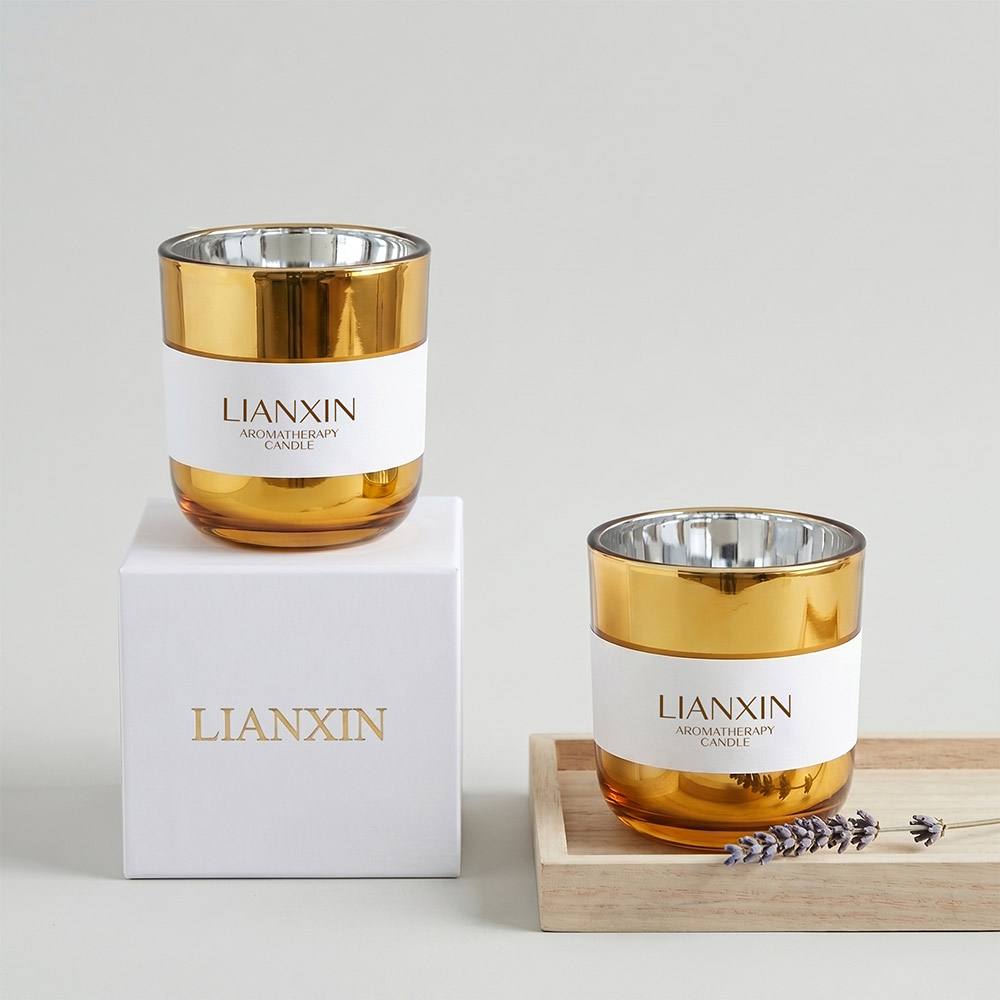 Gold 390ml Glass Candle Jar with Custom Gift Box 3 Two 390ml amber gold glass candle jars with paper labels