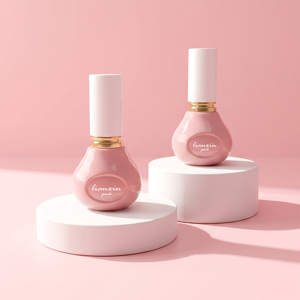 13ml Teardrop Glass Nail Polish Bottle with Brush 2 Two pink 13ml teardrop glass nail polish bottles on display stands