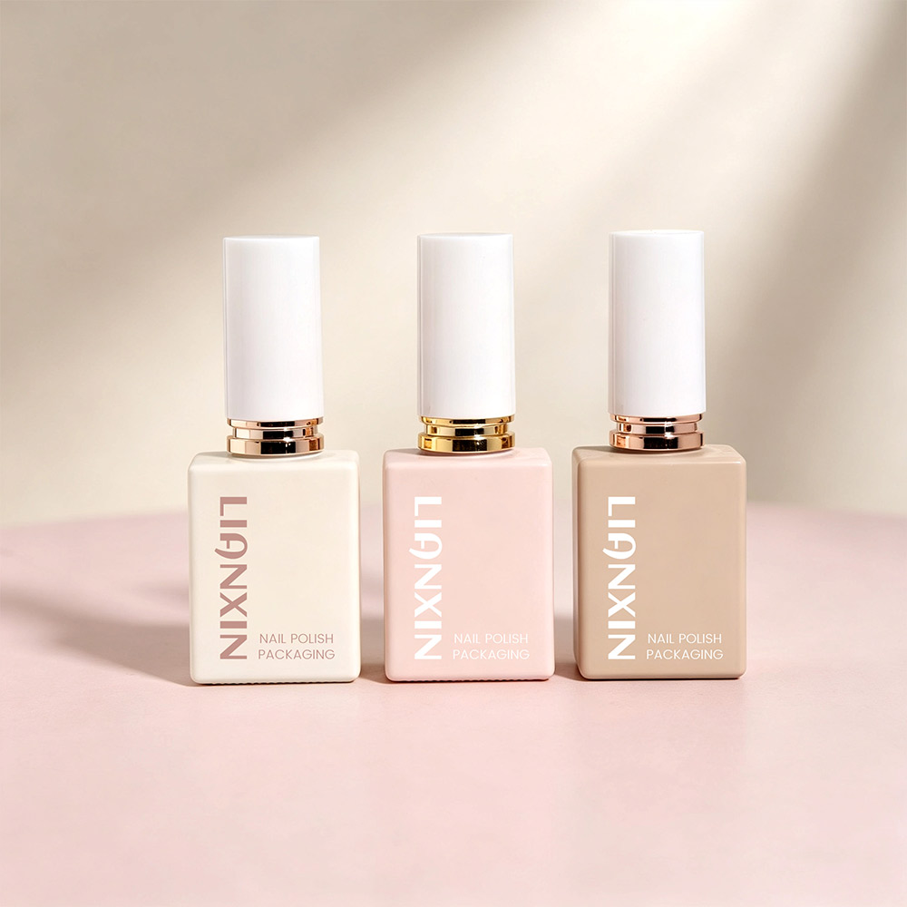 Neutral and pink square nail polish bottles with custom metal collars