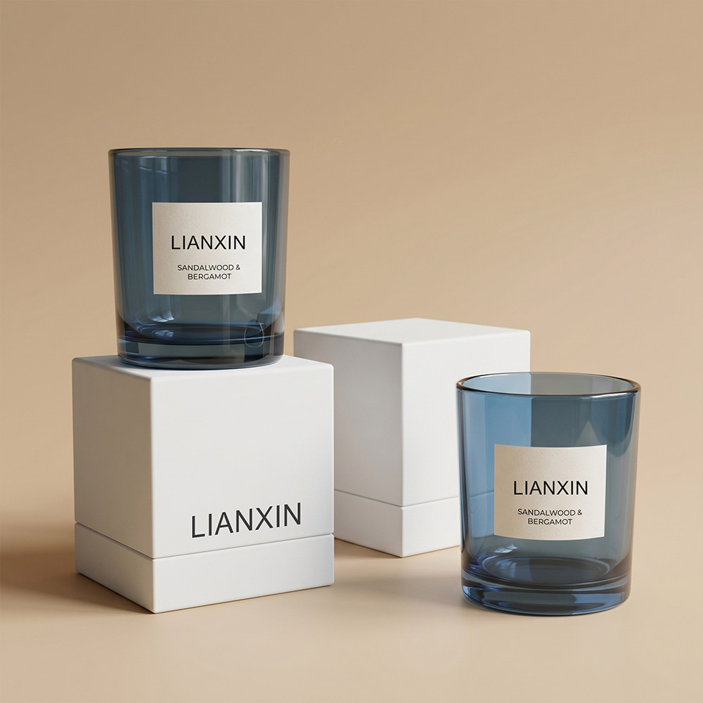 430ml smoky blue glass candle jars with custom labels and gift boxes