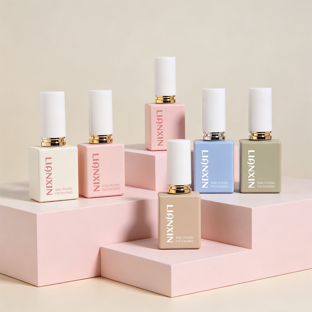 10ml and 12ml square nail polish bottles in custom pastel colors