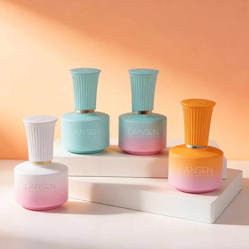 18ml round nail polish bottles in white, turquoise and orange colorways with fluted caps