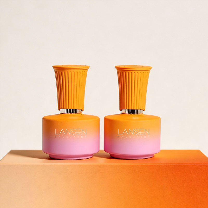 18ml Wide Round Glass Nail Polish Bottle with Flared Ribbed Cap 5 Orange and pink gradient 18ml round glass nail polish bottles with orange fluted caps