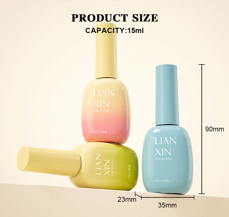 15ml Soft Oval Glass Nail Polish Bottle with Tall Smooth Cap 6 15ml soft oval nail polish bottle size chart: 35mm wide, 23mm deep and 90mm high