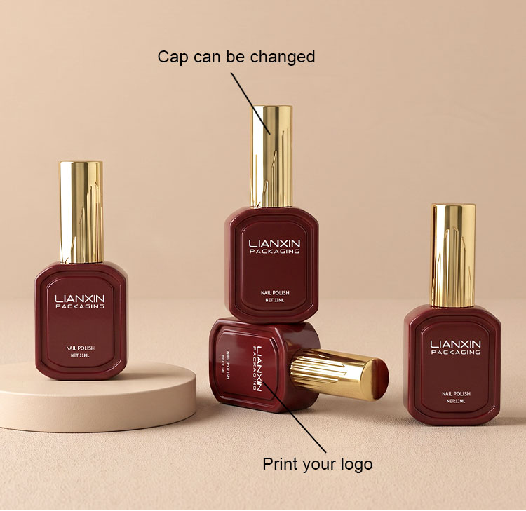 11ml Framed-Panel Glass Nail Polish Bottle with Ribbed Cap 7 11ml burgundy nail polish bottles showing changeable caps and custom logo printing