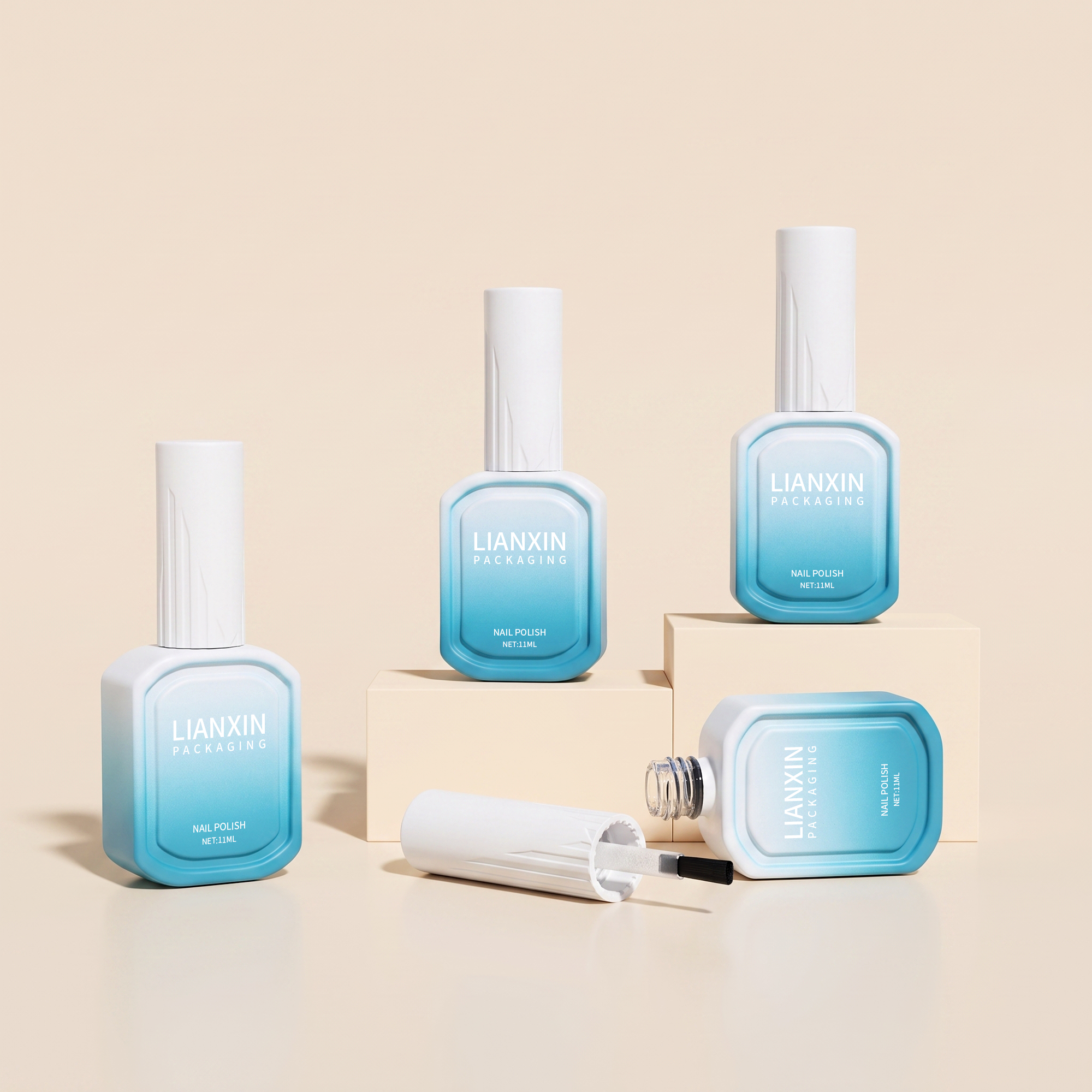 11ml Framed-Panel Glass Nail Polish Bottle with Ribbed Cap 5 Blue gradient 11ml framed glass nail polish bottles with white ribbed caps and brush