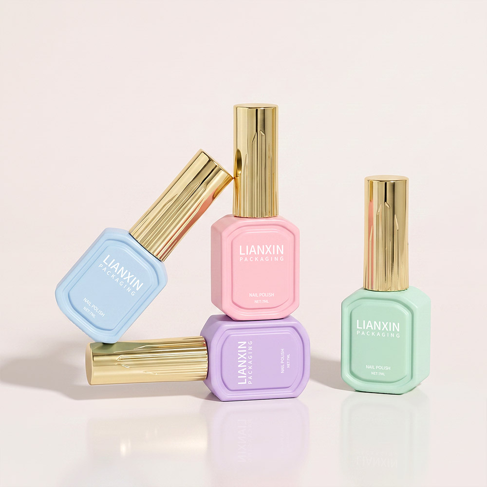 7ml Petite Framed Glass Nail Polish Bottle with Sculpted Cap 2 Pastel pink, blue, lilac and mint 7ml framed nail polish bottles with gold caps