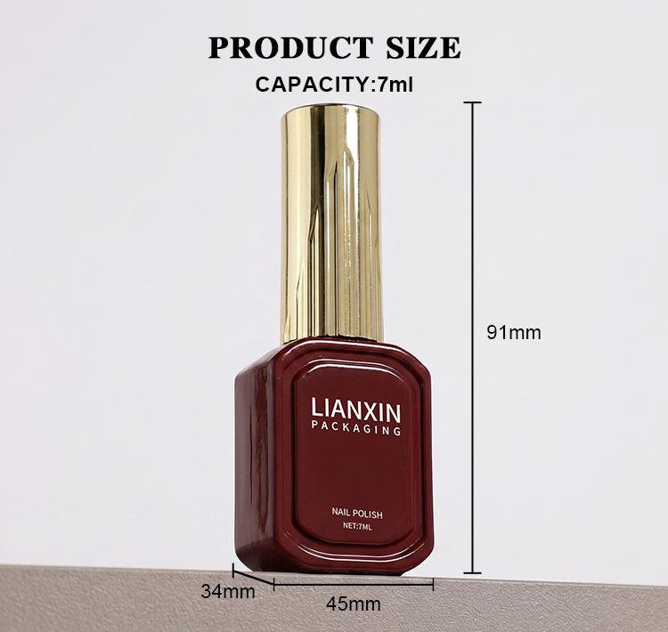 7ml Petite Framed Glass Nail Polish Bottle with Sculpted Cap 5 7ml nail polish bottle size chart: 45mm wide, 34mm deep and 91mm high