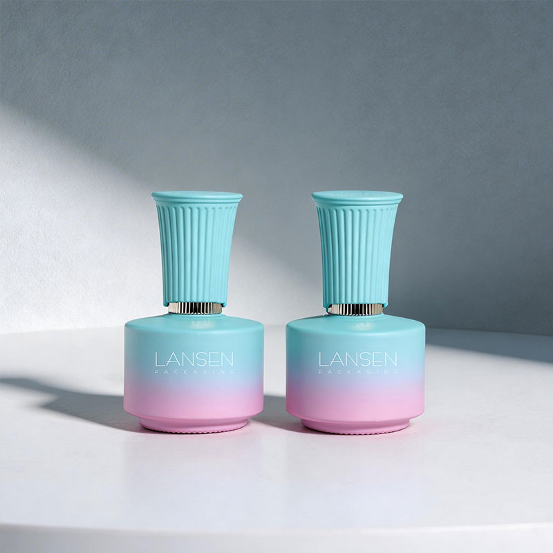 18ml Wide Round Glass Nail Polish Bottle with Flared Ribbed Cap 3 Pastel blue and pink gradient 18ml round nail polish bottles with turquoise fluted caps