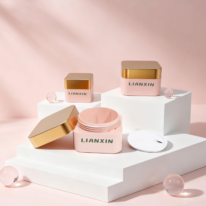 Pink and gold square plastic cosmetic jar set with removable inner sealing discs