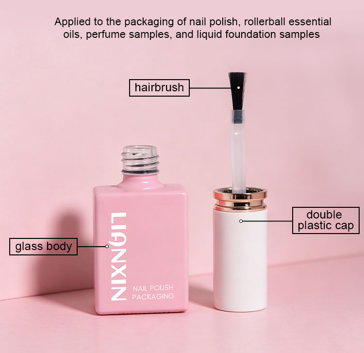 Square glass nail polish bottle with double-layer cap and integrated brush
