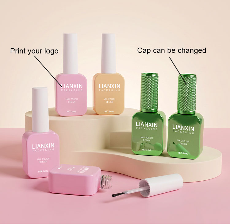 15ml rectangular nail polish bottles showing custom logo printing and interchangeable cap options