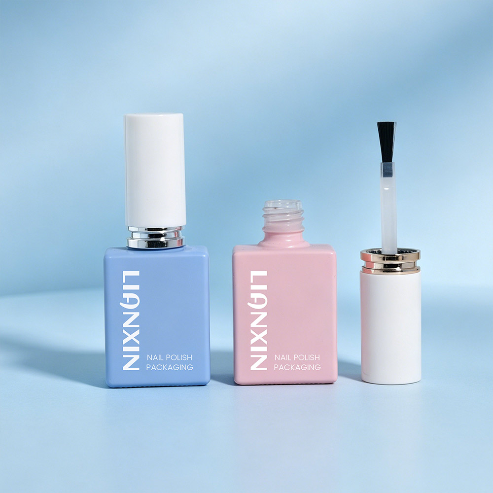 Blue and pink square glass nail polish bottles with long brush cap