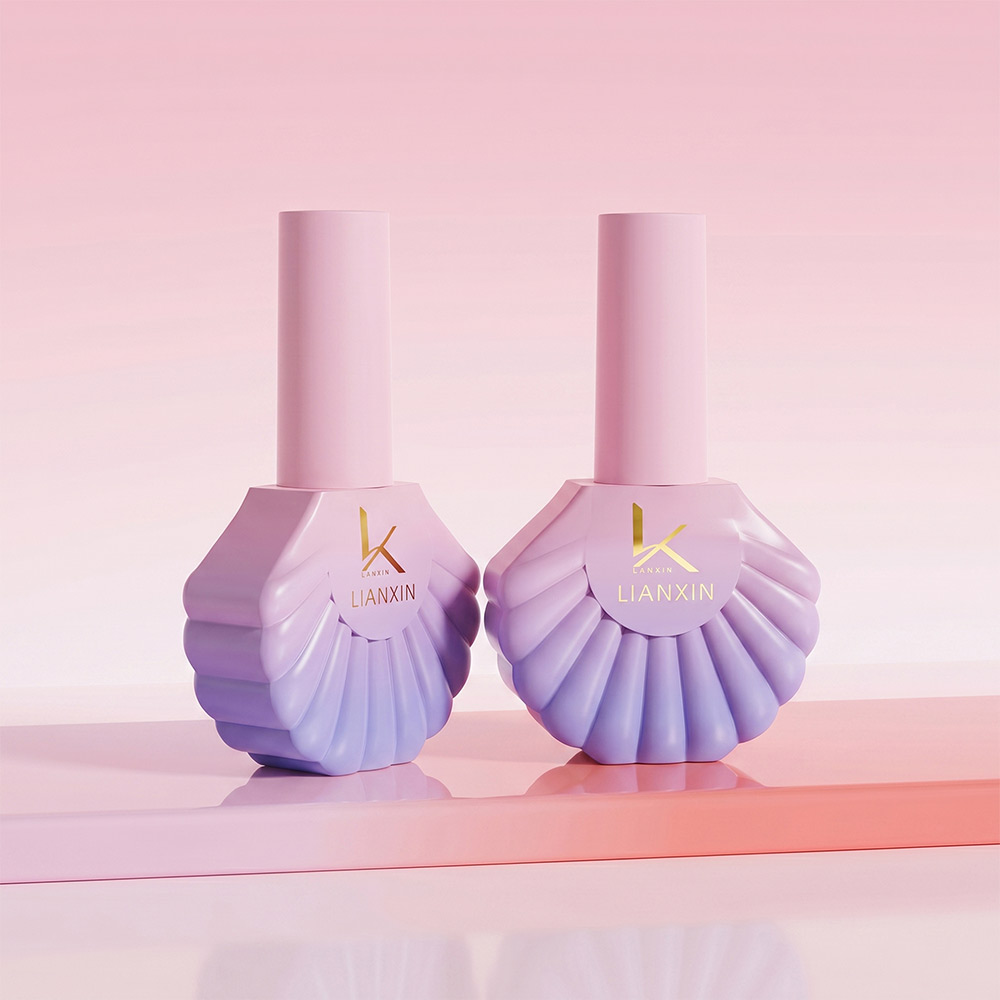 18ml Shell Shaped Glass Nail Polish Bottle with Brush Cap 5 18ml shell nail polish bottles with lavender gradient finish and pink cylindrical caps
