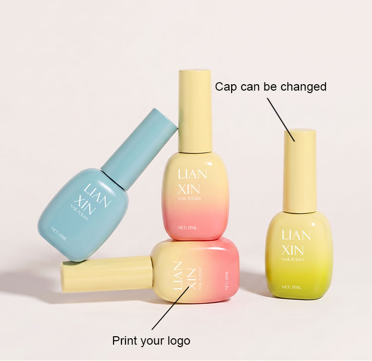 15ml Soft Oval Glass Nail Polish Bottle with Tall Smooth Cap 7 15ml oval nail polish bottles showing interchangeable cap colors and logo printing