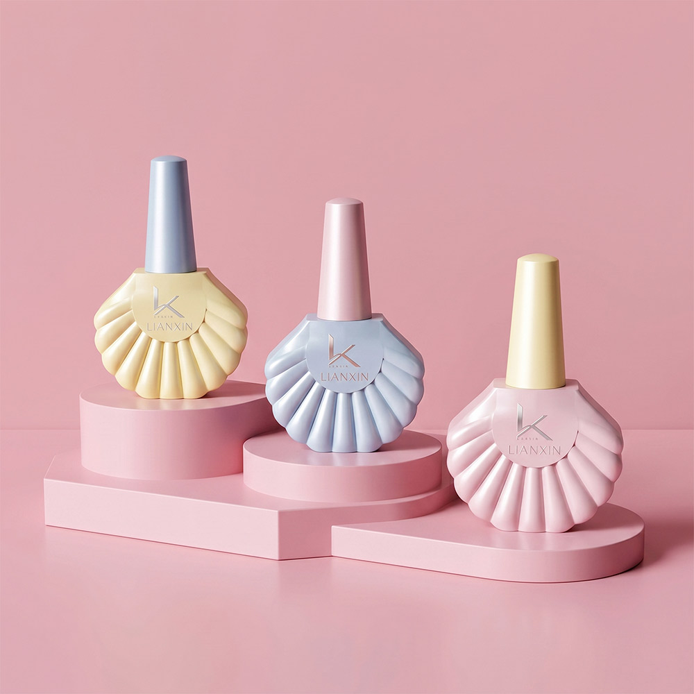 18ml Shell Shaped Glass Nail Polish Bottle with Brush Cap 4 Pastel 18ml shell glass nail polish bottles with contrasting tapered smooth caps