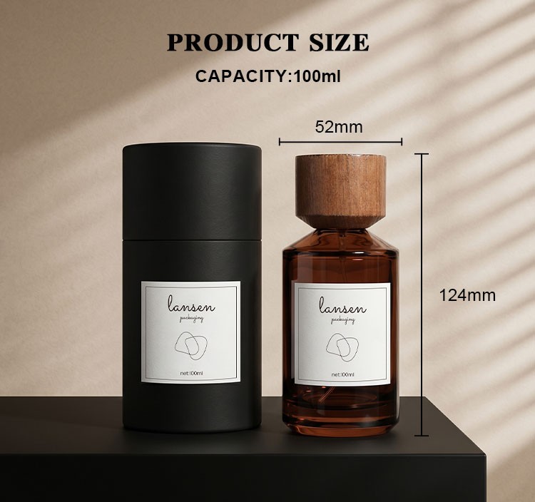 100ml amber cylinder perfume bottle size chart showing 124mm overall height and 52mm width