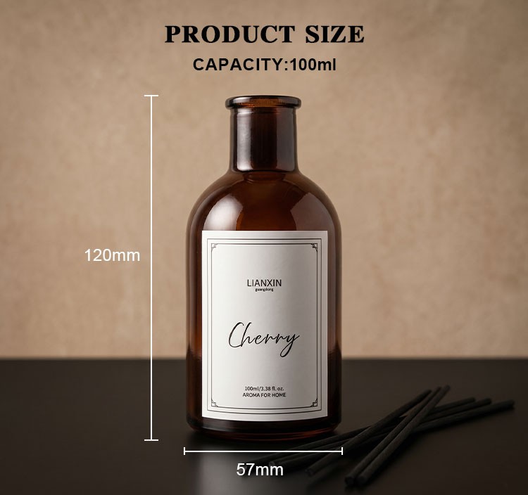 100ml Amber Glass Round Shoulder Reed Diffuser Bottle 4 100ml amber glass reed diffuser bottle size drawing 120mm height 57mm width