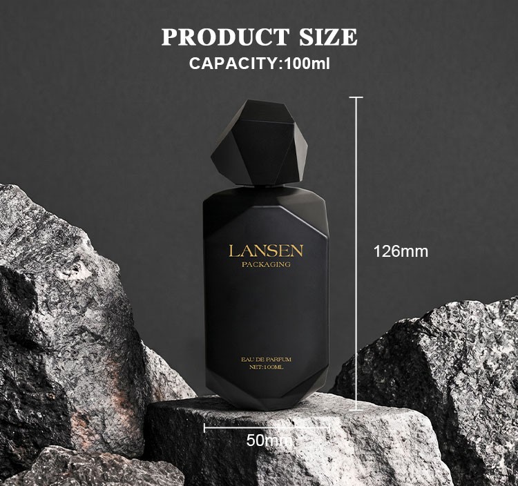 100ml black irregular perfume bottle size chart showing 126mm overall height and 50mm body width