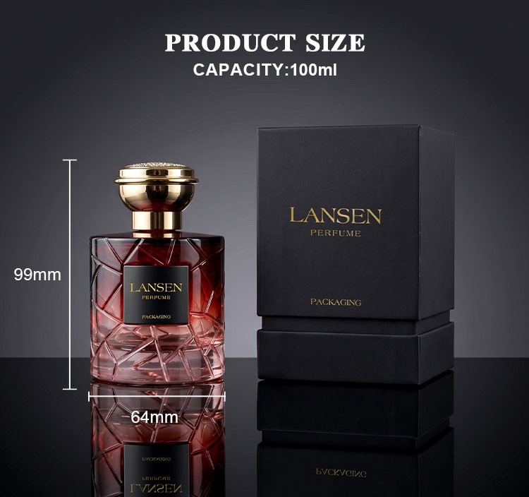 100ml crystal cut perfume bottle size chart showing 99mm overall height and 64mm body width
