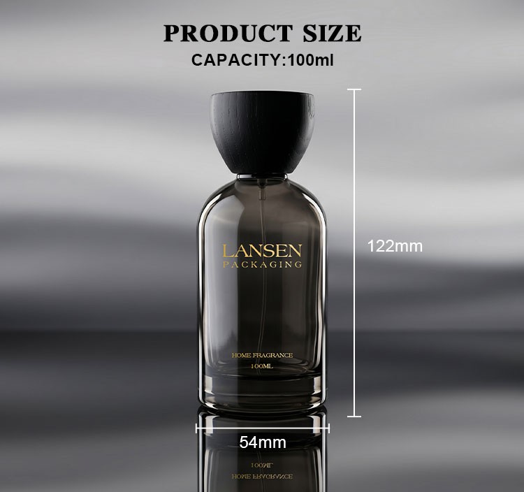 100ml grey glass perfume bottle size chart showing 122mm overall height and 54mm body width
