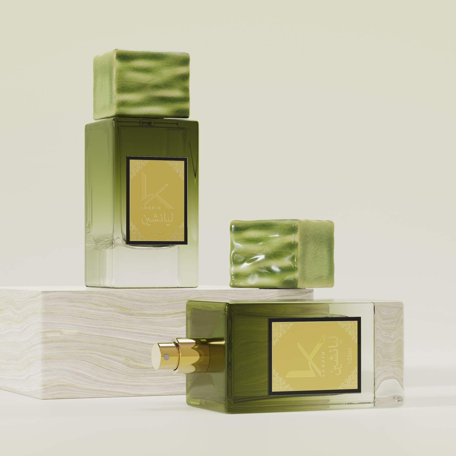 100ml rectangular glass perfume bottle with stone cap and gold crimp spray pump