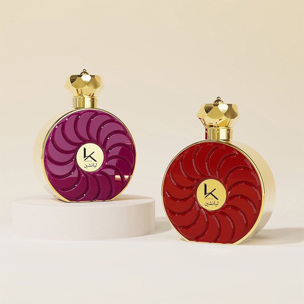 100ml round glass perfume bottle with spiral pattern shown in purple and red