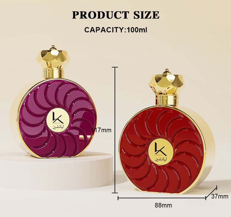 100ml round perfume bottle size chart showing 117mm overall height, 88mm face width and 37mm depth