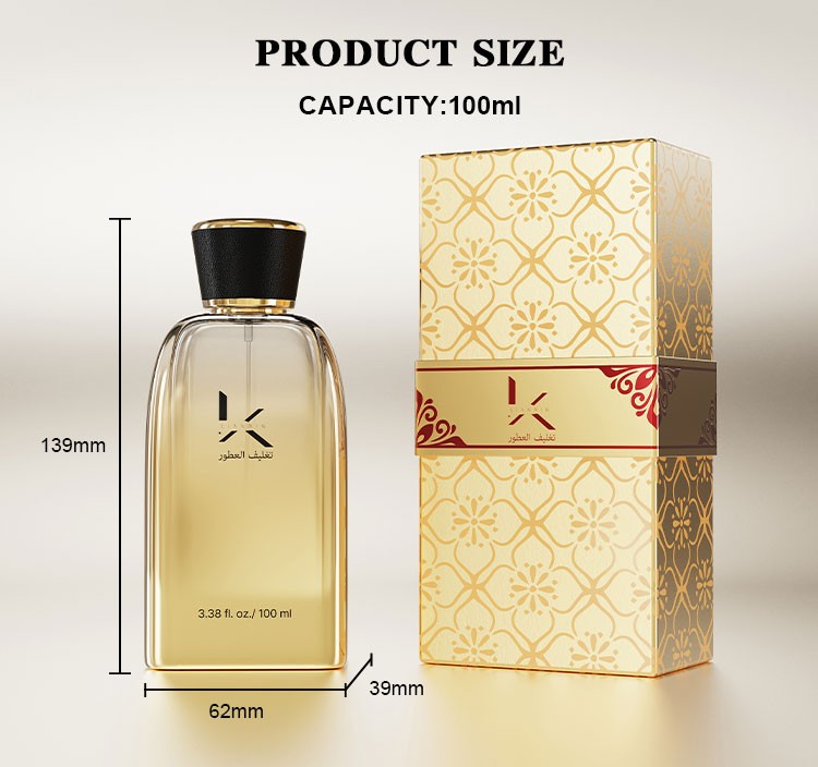 100ml sloped shoulder perfume bottle size chart showing 139mm overall height, 62mm width and 39mm depth beside a gold patterned gift box