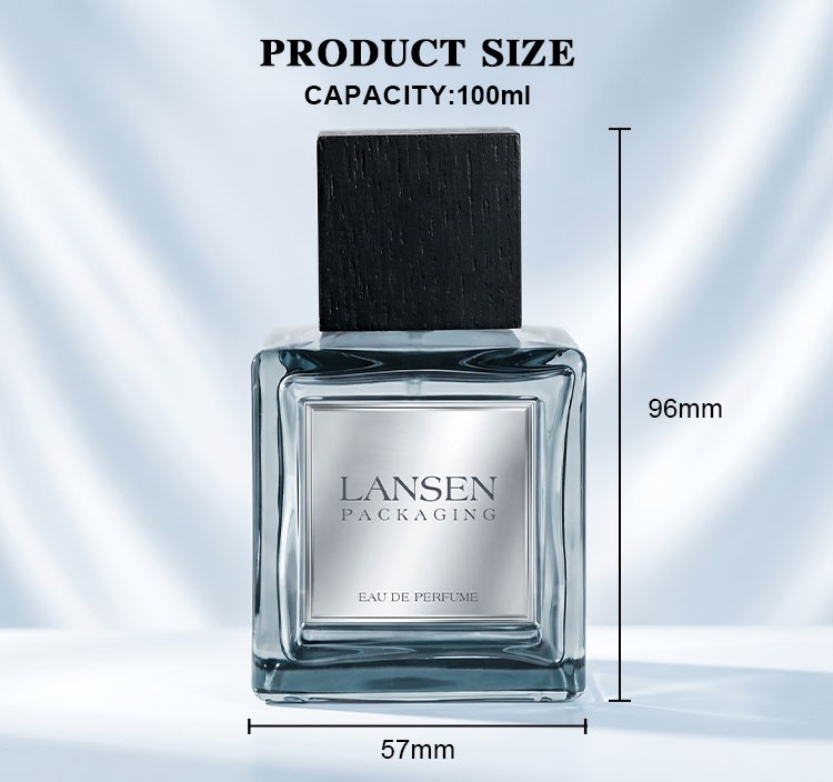 100ml square perfume bottle size chart showing 96mm overall height and 57mm body width