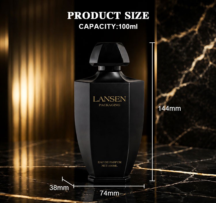 100ml tapered perfume bottle size chart showing 144mm overall height, 74mm front width and 38mm depth