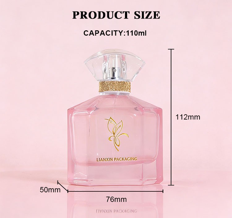110ml chamfered corner perfume bottle size chart showing 112mm overall height, 76mm width and 50mm depth