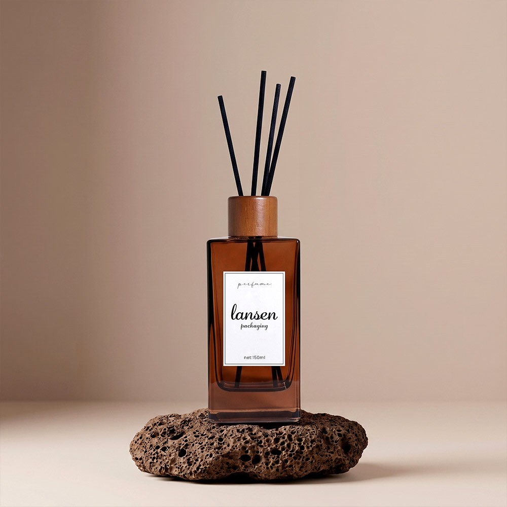 150ml amber rectangular glass reed diffuser bottle with wooden cap and white printed label