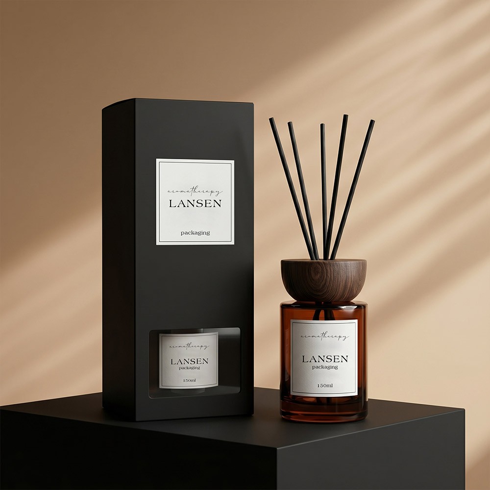 150ml amber cylindrical reed diffuser bottle with wooden cap and black gift box packaging