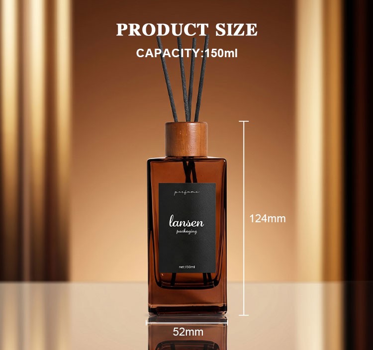 150ml rectangular reed diffuser bottle with wooden cap size drawing 124mm height 52mm width