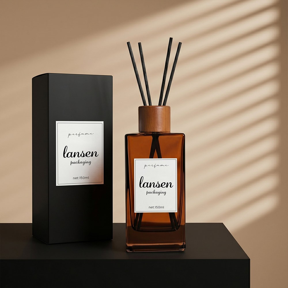 150ml amber glass reed diffuser bottle with wooden cap and black gift box packaging