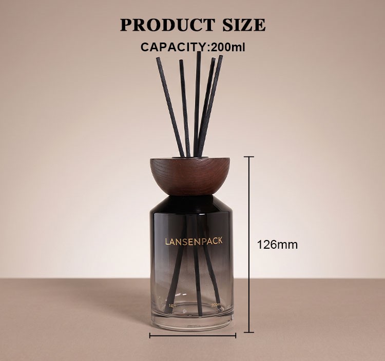 200ml Smoky Black Gradient Glass Reed Diffuser Bottle with Wooden Cap 4 200ml glass reed diffuser bottle with wooden cap size drawing 126mm height