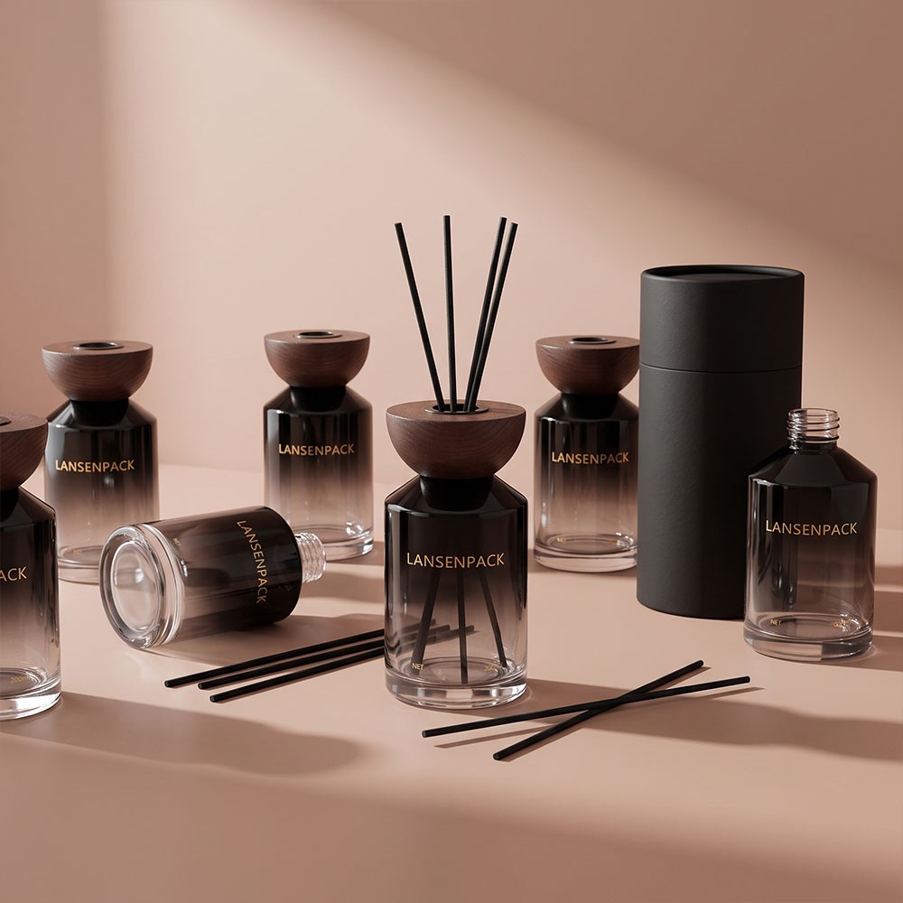 200ml Smoky Black Gradient Glass Reed Diffuser Bottle with Wooden Cap 3 200ml glass reed diffuser bottle set with wooden caps reeds and black gift tube