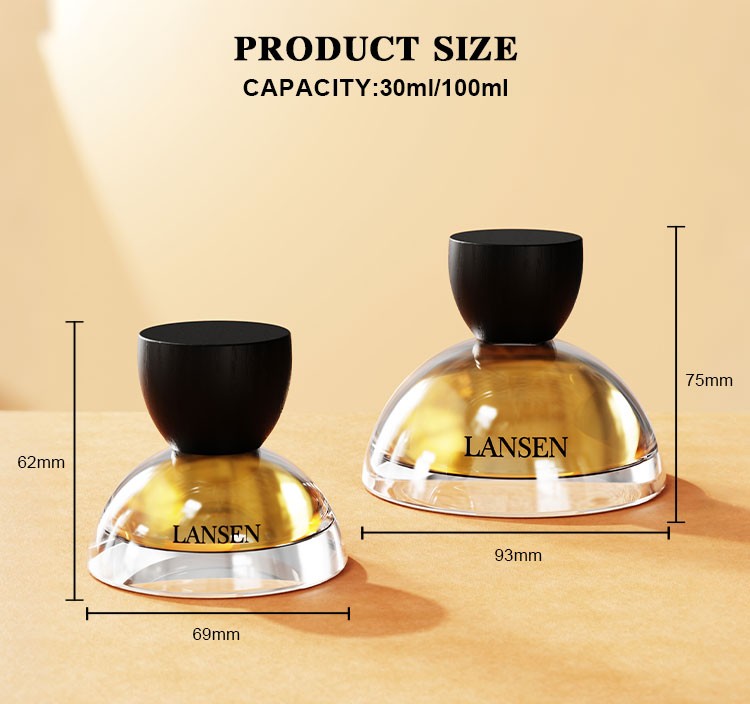 30ml and 100ml dome shaped perfume bottle size chart showing 62mm and 75mm overall height with 69mm and 93mm base diameter