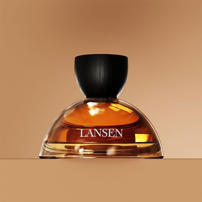amber 30ml and 100ml dome shaped glass perfume bottle with a black bowl shaped wood grain cap