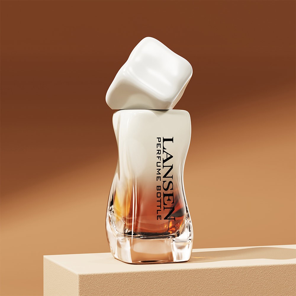30ml wavy shaped glass perfume bottle with a white twisted cap and an amber gradient body