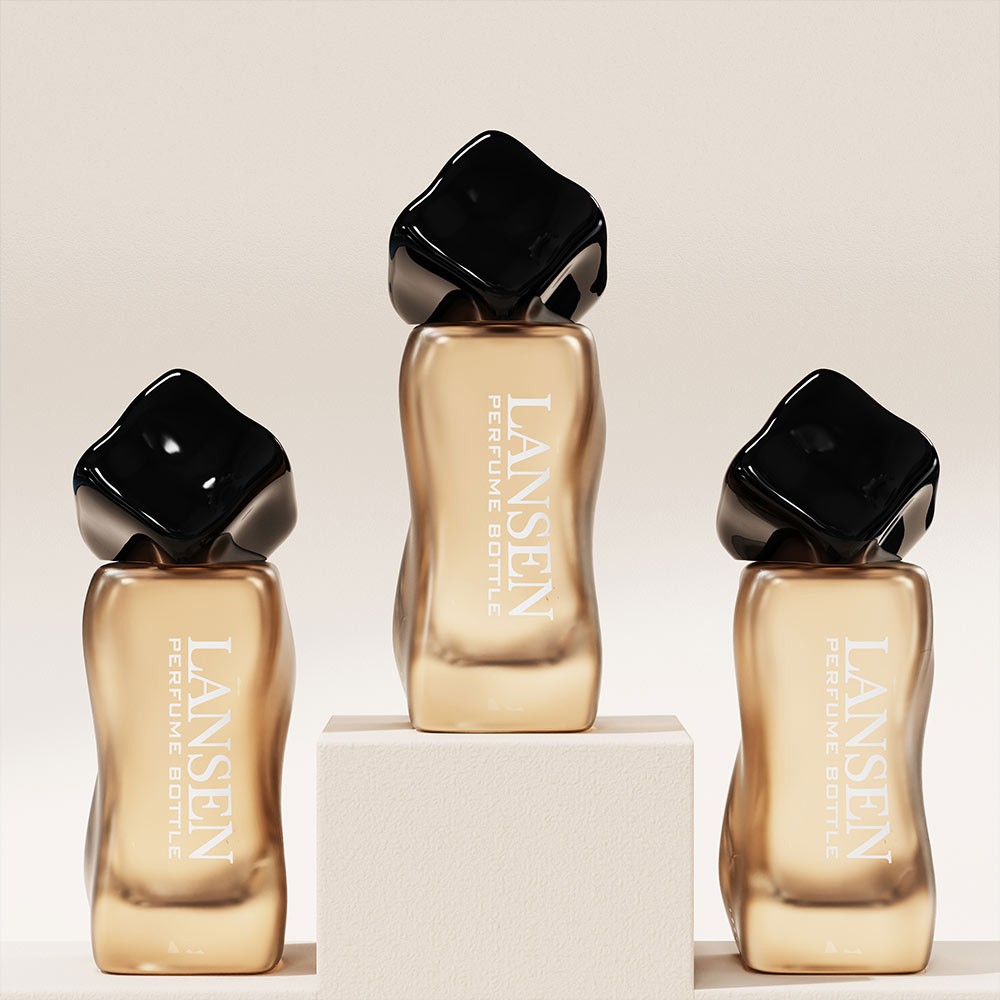 three 30ml wavy shaped perfume bottles with gold bodies and black twisted caps standing on white plinths