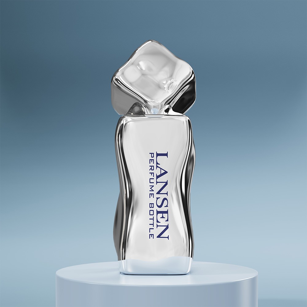 30ml wavy shaped perfume bottle with a mirrored silver finish and a silver twisted cap on a blue background