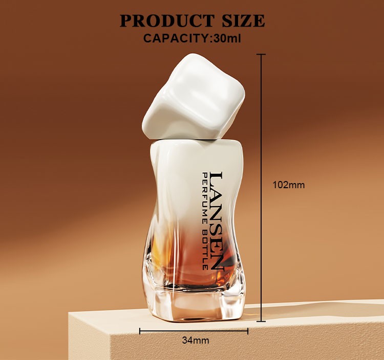 30ml wavy shaped perfume bottle size chart showing 102mm overall height and 34mm base width