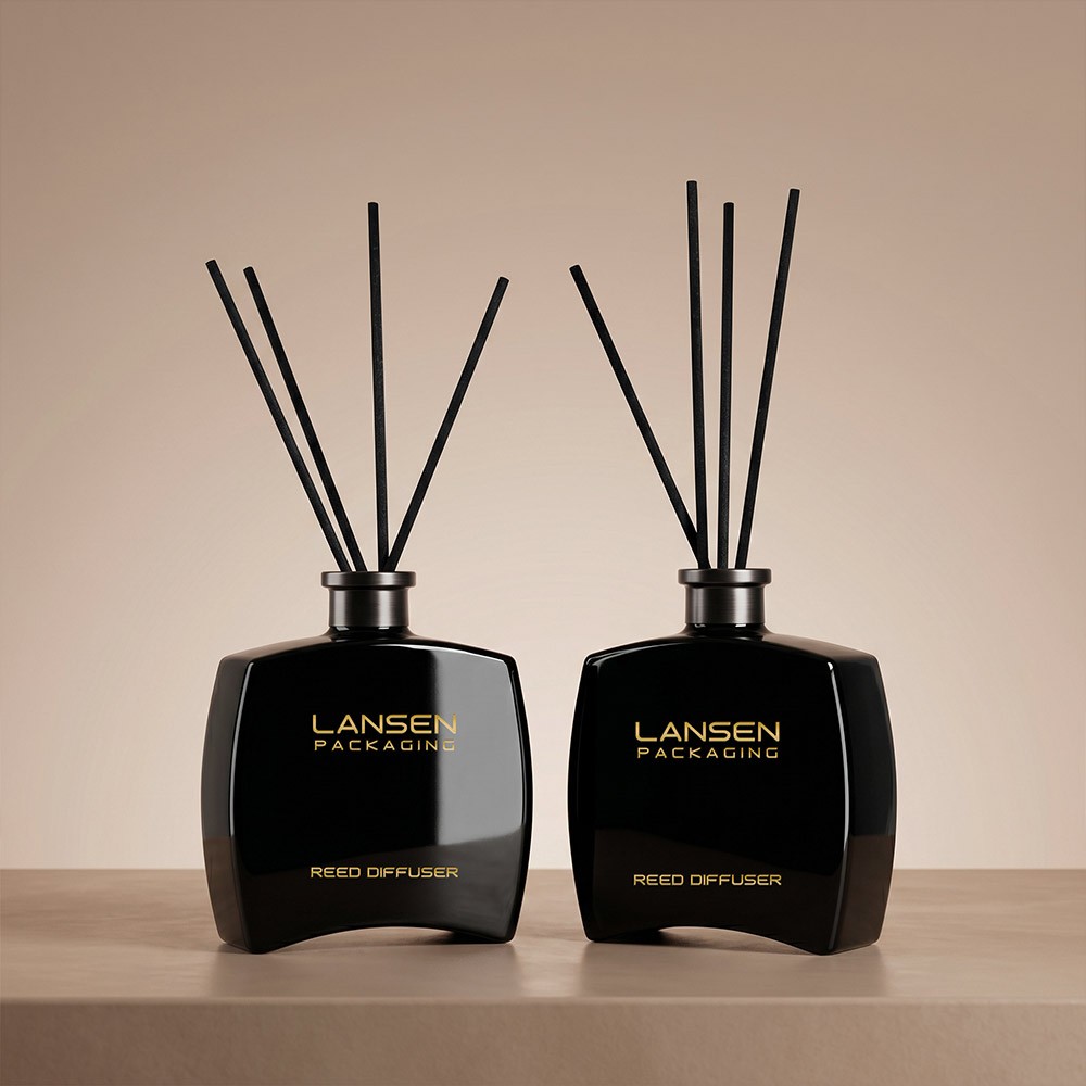 Square Glass Reed Diffuser Bottle 100ml 200ml 500ml 3 two glossy black square glass reed diffuser bottles with metal neck collars