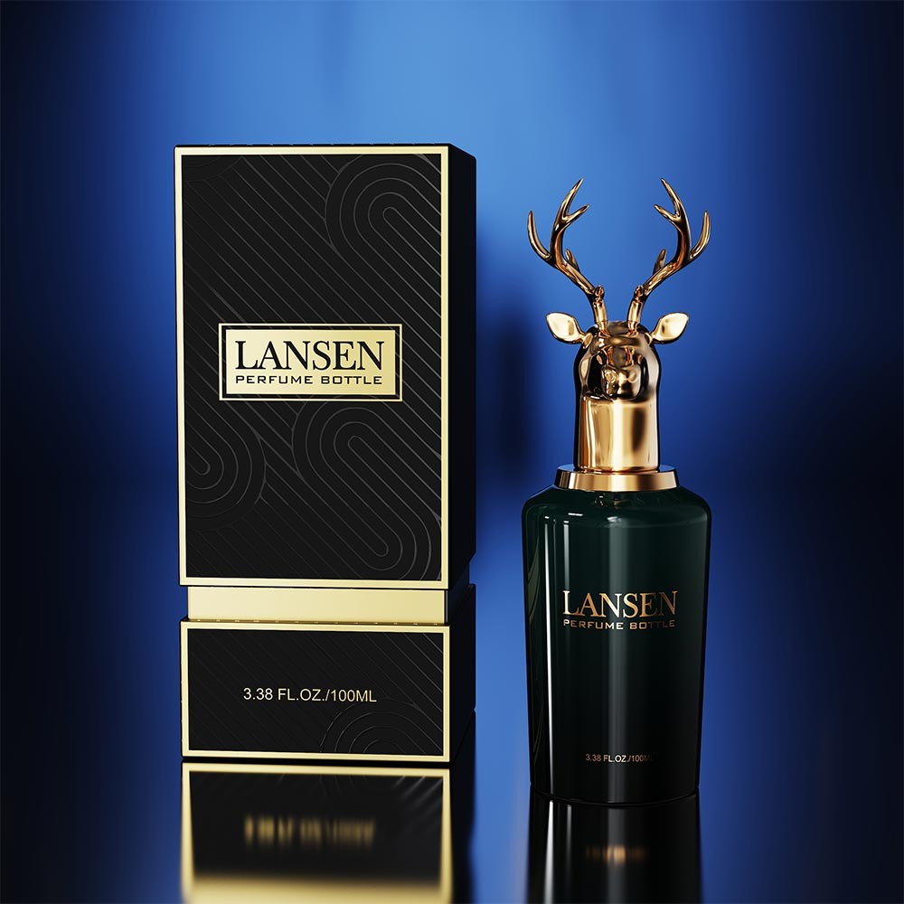 50ml and 100ml deer head glass perfume bottle in dark green with a gold stag cap beside its black and gold gift box