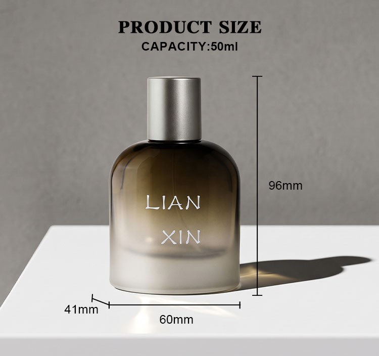 50ml barrel shaped perfume bottle size chart showing 96mm overall height 60mm body width and 41mm body depth