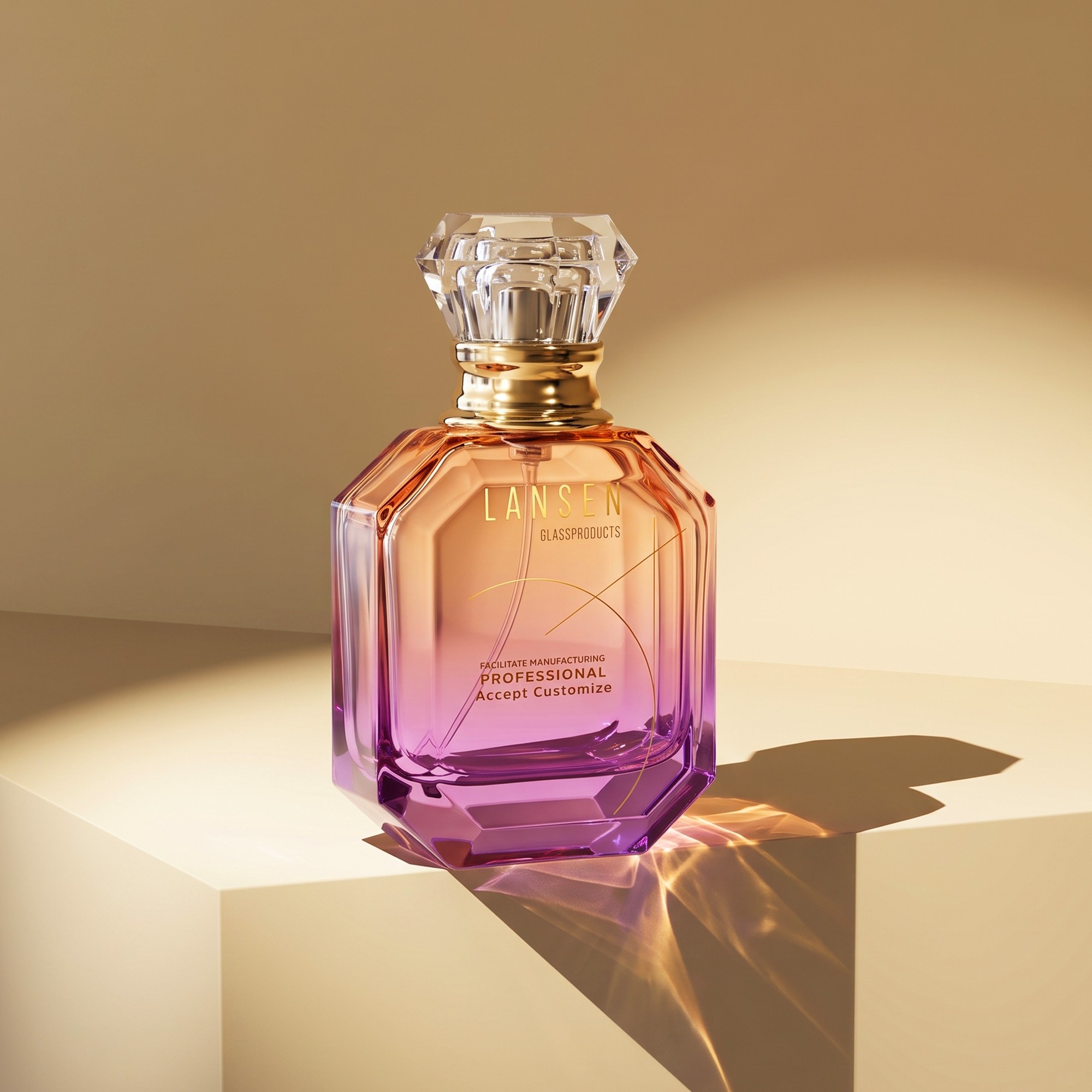 50ml amber to pink purple gradient glass perfume bottle with a faceted crystal style cap and gold tone collar on a lit plinth