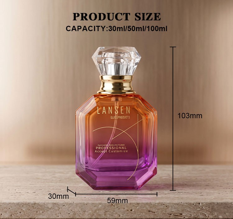 50ml gradient glass perfume bottle size chart showing 103mm overall height 59mm body width and 30mm body depth